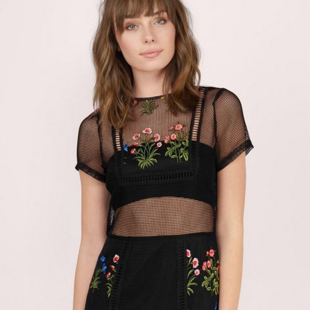 NWOT re:named Black Mesh Embroidered Dress L